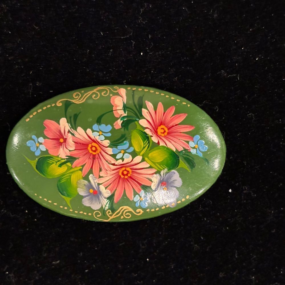 Vintage Russian Wooden Floral Hand-Painted Green Brooch Signed